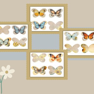 May include: A set of 12 vintage-style butterfly stickers with a distressed paper background. The butterflies are in various colors, including blue, yellow, orange, and brown.