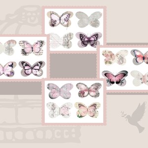 Può includere: Un set di 12 elementi di carta digitale per scrapbooking con farfalle rosa e bianche con motivi floreali e vintage. Le farfalle sono su uno sfondo bianco con un bordo rosa.