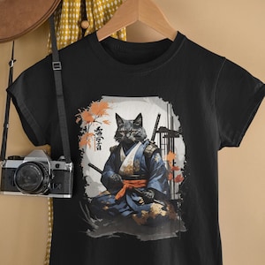Katze Samurai Retro Wave Shirt | Steamwave Japanisches Kunst-T-Shirt | Hokusai inspiriert Shirt | Ninja Cat T-Shirt im japanischen Stil | Neko Samurai Shirt