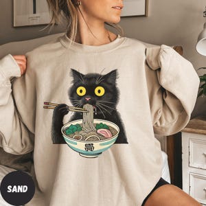 Noodle Cat Shirt, Foodie Lover Shirts, Retro Cat Tees, Cat Lover Sweatshirts, Black Cat Shirt, Ramen Cat T-Shirt, Black Cat Noodle T-Shirts