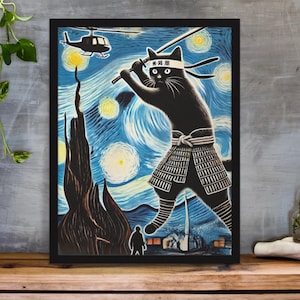 Van Gogh Paint Cat Poster | Funny Cat Art | Starry Night Cat Print | starry night van gogh| Fluffy Black Cat Van Gogh | Gift for Cat Mama