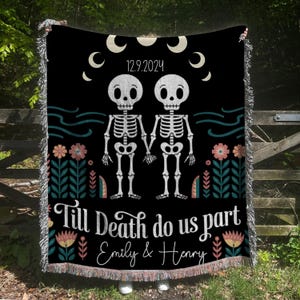 New Custom Couple Personalized Skeleton Woven Blanket For Couples Custom Goth Spooky Halloween Gifts Skeletons