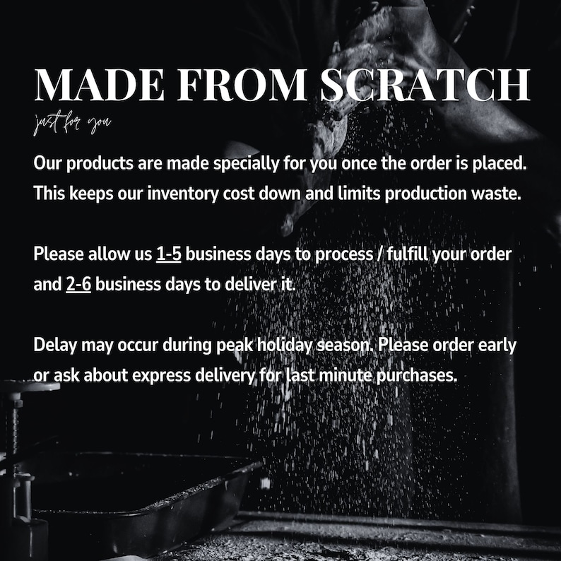 Our products are made specially for you once the order is placed. Please allow 1-5 business days to process and 2-6 days to deliver.