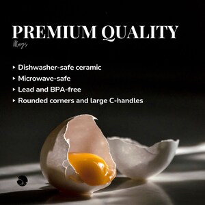 Premium quality white ceramic mugs. They're dishwasher-safe, microwave safe, lead and BPA free, and have rounded corners and large C handles for comfort.