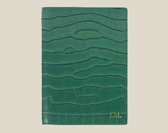 Personalized A5 Vegan Leather Notebook: Green Crocodile Cover, Custom Initials
