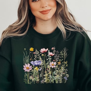 Vintage geperst bloemen sweatshirt, Boho Cottagecore ronde hals, pastel botanische bloementrui, Fairycore oversized wilde bloemen sweatshirt