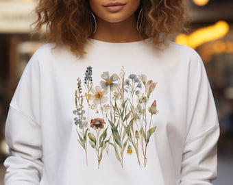 Vintage Pressed Flowers Sweatshirt, Boho Cottagecore Crewneck, Pastel Botanical Floral Sweater, Fairycore Oversized Wildflowers Sweatshirt