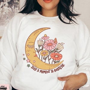 Positive Affirmations Boho Sweatshirt, Retro Sweater Women, Moon Sweater, Positivity Celestial Moon Print Sweatshirt, Boho Gift Idea