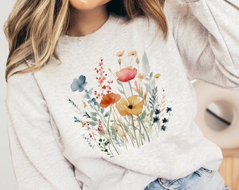 Vintage Pressed Flowers Sweatshirt, Boho Cottagecore Crewneck, Pastel Botanical Floral Sweater, Fairycore Oversized Wildflowers Sweatshirt