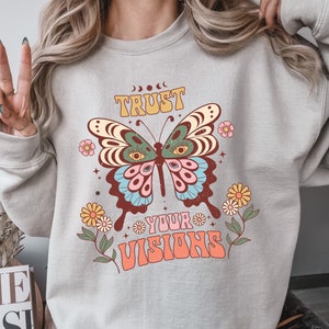 Butterfly Sweatshirt, Retro Sweater Women, Butterfly Sweater, Positivity Butterfly Good Energy Sweatshirt, Boho Gift, Positive Quote Shirt