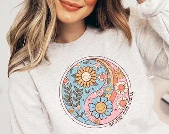 Positive Affirmations Boho Sweatshirt, Retro Sweater Women, Floral Sweater, Positivity Keep Growing Flower Print Sweatshirt, Boho Gift