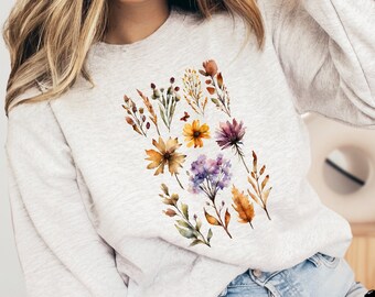 Vintage Pressed Flowers Sweatshirt, Boho Cottagecore Crewneck, Pastel Botanical Floral Sweater, Fairycore Oversized Wildflowers Sweatshirt