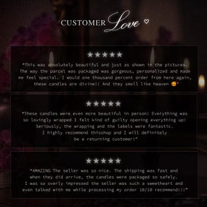 May include: A dark background with customer reviews. The words "CUSTOMER Love" are at the top. Three customer reviews are displayed, each with a five-star rating. The reviews praise the product's beauty, packaging, and the seller's service.