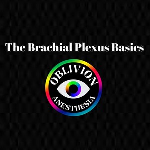 May include: Black and white text "The Brachial Plexus Basics" on a black background with a rainbow coloured circle with the text "Oblivion Anesthesia" and a stylised eye in the centre.