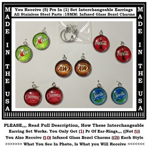 Soda Charm Earrings (5) Pairs In (1) Set Soda Pop Charm Earrings Stocking Stuffer Secret Santa Gift Dr Pepper Charms Sprite 7UP A&W Earrings
