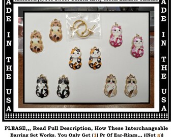 Kitty Charm Earrings Cat Charm Earrings (5) Prs In (1) Set Interchangeable Earring Stainless Steel Stocking Stuffer Gold Cat Enamel Earrings