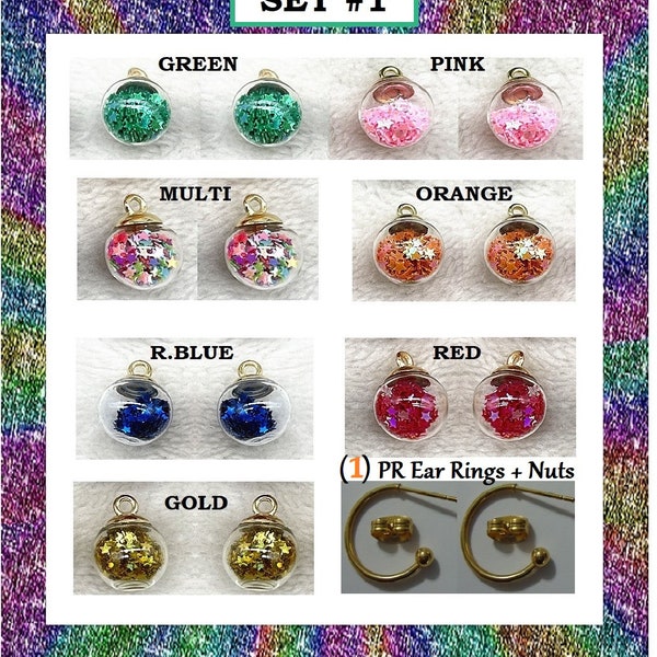 Glitter Star Ball Earrings (7) Prs In (1) Set Interchangeable Glass Ball Charm Earrings Stocking Stuffer Secret Santa Gift Glitter Jewelry