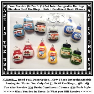 Condiment Earrings (6) Pairs In (1) Set Condiment Charm Earrings Ketchup Charms Mustard Charms Nutella Earrings Chef Charms Stocking Stuffer