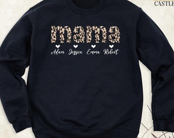 Sudadera con nombre para mamá, sudadera con estampado de leopardo para mamá, camiseta para el Día de la Madre, manga larga para mamá, camiseta personalizada para mamá, sudadera para regalo de nueva mamá