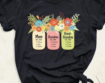 Mom Grandma Great Grandma Shirt, Floral Mothers Day Tee, Custom Kids Name Flower Mama Tshirt, Nana Gigi Mimi Grammy Birthday Outfit