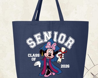 Sac fourre-tout senior Disney classe 2026 Minnie, sacs fourre-tout personnalisés voyage de remise des diplômes Disney, sacs pour diplômés, sac fourre-tout vacances Disneyworld