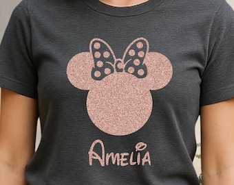Glitter Disney Family Trip Shirt Sparkle Minnie Head Tee, Custom Disney Vacation Tshirt, Disneyworld Shirts, Disney Matching Glitter Tshirt