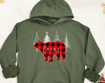 Custom Christmas Bear Sweatshirt, Christmas Party Bear Family Long Sleeve, Buffalo Plaid Bear Shirt, Winter Holiday Christmas Tree Hoodie