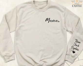 Sudadera minimalista con bolsillo para mamá, sudadera personalizada con el nombre del niño en la manga, camiseta de manga larga para el Día de la Madre, camiseta de cumpleaños para mamá