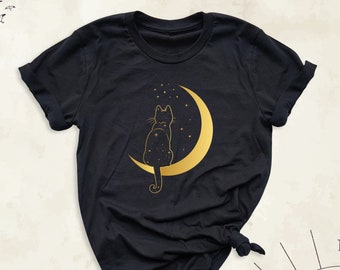 Cat on the Moon Shirt, Cat Lover Gift Tees, Kitty Tshirt, Cat Owner Gift Tshirt, Moon Outfit, Animal Lover Tshirt, Aesthetic Cat Shirts