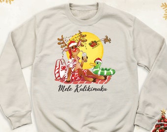 Christmas Mele Kalikimaka Reindeer Sweatshirt, Family Christmas Summer Holiday Long Sleeve, Christmas in July Hoodie, Tropical Xmas Shirt