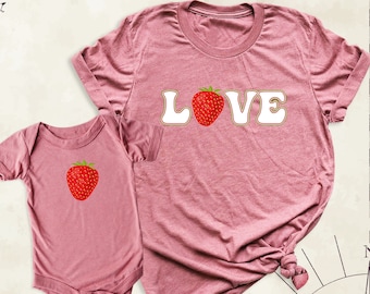 Mama Mini Strawberry Matching Love Tee, New Mom Gift Tees, Mommy and Me Summer Shirt, Mother Daughter Berry Couple Tshirt, Mothers Day Shirt