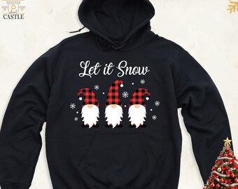 Sudadera con capucha de gnomos navideños Let It Snow, sudadera para fiestas navideñas de invierno, gorro de Papá Noel a cuadros estilo búfalo de manga larga, camiseta navideña con copos de nieve