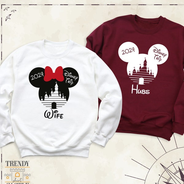 Disney Trip 2024 Couple Sweatshirt, Valentines Day Disney Hubs Wife Hoodie, Disney Vacation Mickey Minnie Long Sleeve, Disneyland Love Tee