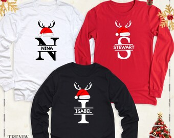 Custom Christmas Family Matching Name Hoodie, Christmas Party Santa Hat Shirt, Monogrammed Group Christmas Sweatshirt, Family Christmas Tee