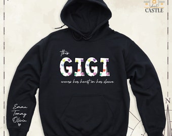 This Gigi Wears Her Heart on Her Sleeve Hoodie, Custom Mothers Day Nana Sweatshirt, Gigi Shirt with Kids Name on Sleeve, Birthday Mimi Gift