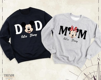 Mickey Minnie Head Mom Dad Shirt, Custom Disney Sweatshirt, Mom Shirt with Kids Name, Disney Family Hoodie, Mama Dada Couple Long Sleeve Tee