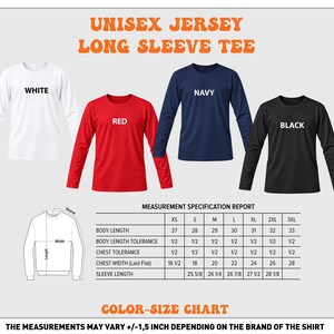 a color-size chart for a long sleeve tee, with three different color options and corresponding measurements. The chart provides a visual representation of the size differences between the colors, allowing customers to choose the most suitable size based on their preferences.