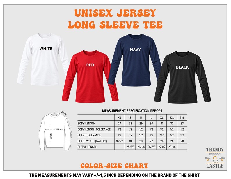 a color-size chart for a long sleeve tee, with three different color options and corresponding measurements. The chart provides a visual representation of the size differences between the colors, allowing customers to choose the most suitable size based on their preferences.