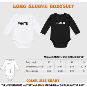 two long sleeve baby onesies, one white and one black, along with a measurement chart and a color-size chart.