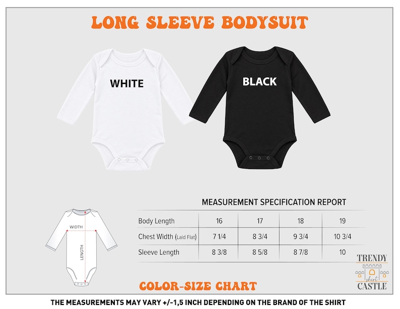 two long sleeve baby onesies, one white and one black, along with a measurement chart and a color-size chart.