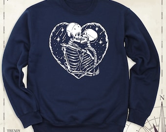 Kissing Skeletons Valentines Day Sweatshirt, Sarcastic Valentines Day Long Sleeve, Romantic Skeleton Heart Hoodie, Couple Love Sweatshirt