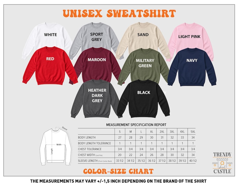 The image is a color-size chart for a unisex sweatshirt, displaying various color options and corresponding measurements for each size.