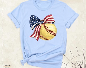Softball Bow Shirt, USA Flag Coquette Shirt, Softball Mom Shirt, Bow Shirt Women, Softball Lover Tee, American Bow Tshirt, Softball Shirts