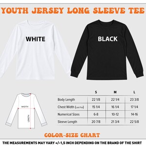 The image is a color-size chart for a youth jersey long sleeve tee. It includes two different sizes, white and black, along with measurements for each size. The chart provides the measurements for chest width, numerical sizes, and sleeve length, as well as the corresponding sleeve length for each size. The measurements may vary depending on the brand of the shirt, and the chart is designed to help customers determine the appropriate size based on their measurements.