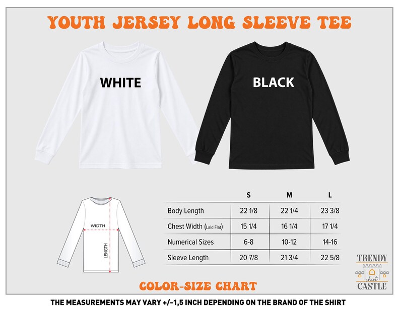 The image is a color-size chart for a youth jersey long sleeve tee. It includes two different sizes, white and black, along with measurements for each size. The chart provides the measurements for chest width, numerical sizes, and sleeve length, as well as the corresponding sleeve length for each size. The measurements may vary depending on the brand of the shirt, and the chart is designed to help customers determine the appropriate size based on their measurements.