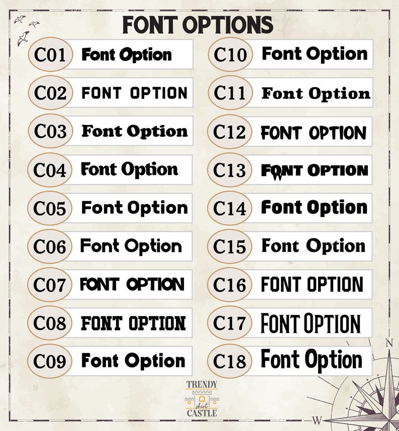 Pu&ograve; includere: Un grafico con 18 diverse opzioni di font etichettate da C01 a C18. Ogni opzione di font &egrave; visualizzata in un rettangolo bianco con un ovale marrone attorno all'etichetta. Le opzioni di font sono visualizzate in una variet&agrave; di stili, tra cui grassetto, corsivo e maiuscolo.