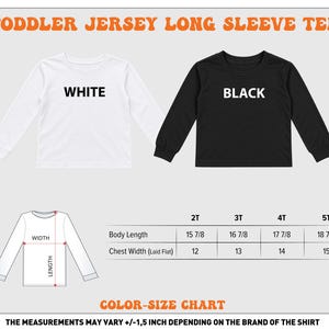 a color-size chart for a toddler jersey long sleeve tee. The chart provides measurements for different age groups, including chest width, body length, and waist size. The measurements are shown in inches, with the chart indicating that the measurements may vary depending on the brand of the shirt.