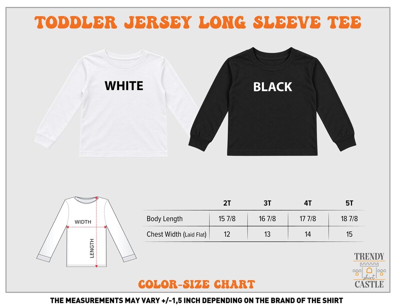 a color-size chart for a toddler jersey long sleeve tee. The chart provides measurements for different age groups, including chest width, body length, and waist size. The measurements are shown in inches, with the chart indicating that the measurements may vary depending on the brand of the shirt.