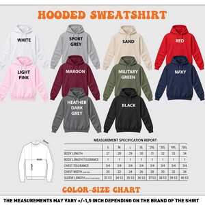 The image is a color-size chart for a hooded sweatshirt, displaying various color options and corresponding sizes.