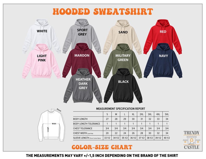 The image is a color-size chart for a hooded sweatshirt, displaying various color options and corresponding sizes.